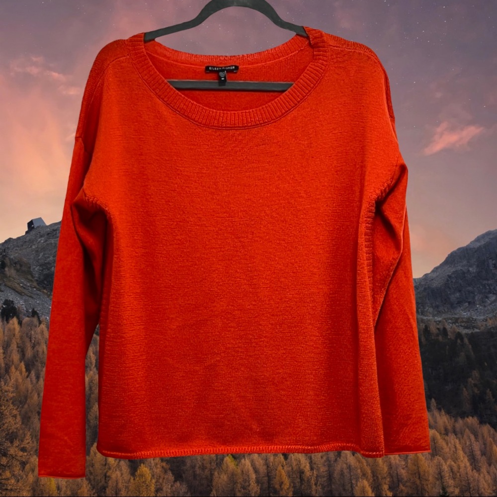 Eileen Fisher  100% Merino Wool Orange Long Sleeve Boxy Cropped Sweater Medium
